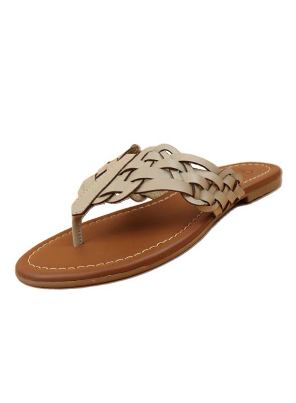 Women's woven faux leather thong sandals with braided strap design and cushioned tan sole, available in black, brown, white, and beige – casual summer footwear.