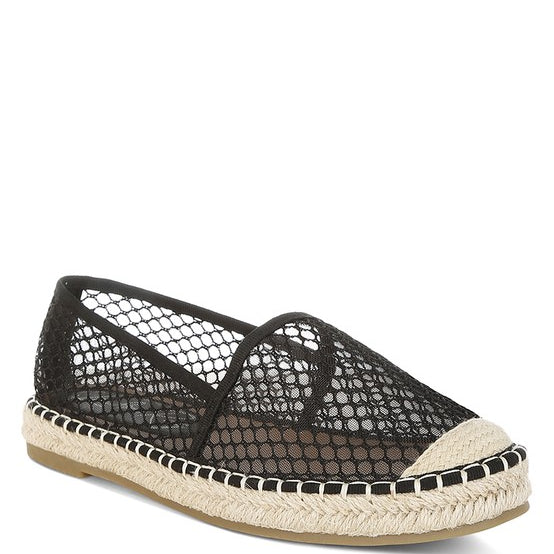 Women’s mesh espadrille slip-on shoes with natural jute sole and canvas toe cap, shown in black.