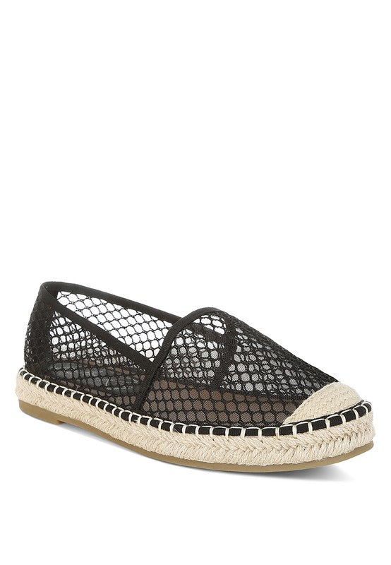 Women’s mesh espadrille slip-on shoes with natural jute sole and canvas toe cap, shown in black.