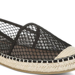 Women’s mesh espadrille slip-on shoes with natural jute sole and canvas toe cap, shown in Black.
