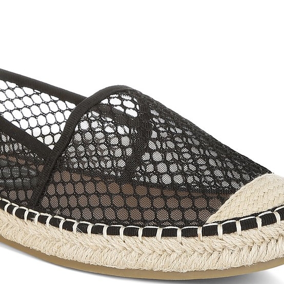 Women’s mesh espadrille slip-on shoes with natural jute sole and canvas toe cap, shown in Black.