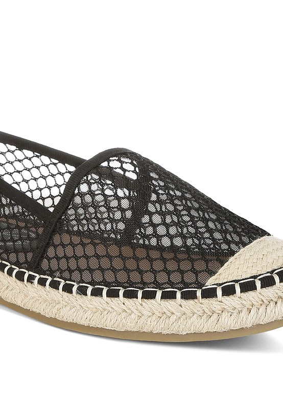 Women’s mesh espadrille slip-on shoes with natural jute sole and canvas toe cap, shown in Black.