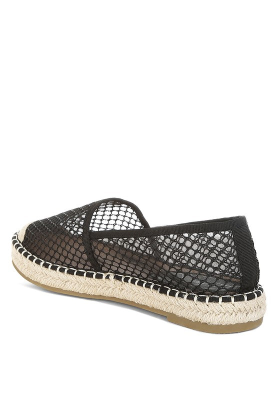 Women’s mesh espadrille slip-on shoes with natural jute sole and canvas toe cap, shown in Black.