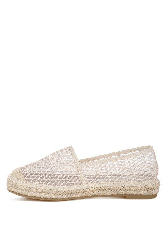 Women’s mesh espadrille slip-on shoes with natural jute sole and canvas toe cap, shown in ivory white.