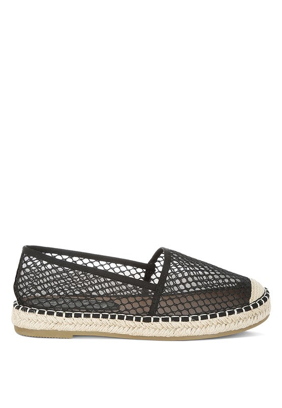 Women’s mesh espadrille slip-on shoes with natural jute sole and canvas toe cap, shown in Black.