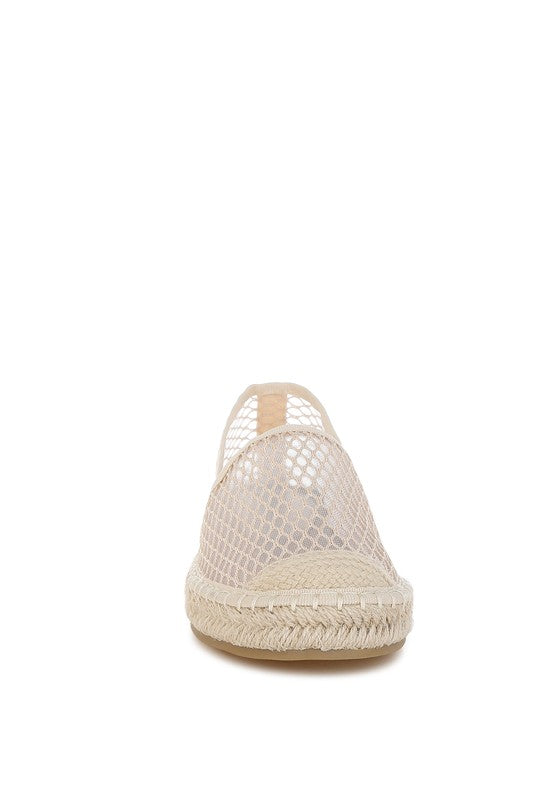 Women’s mesh espadrille slip-on shoes with natural jute sole and canvas toe cap, shown in ivory white.
