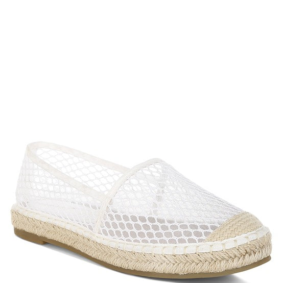 Women’s mesh espadrille slip-on shoes with natural jute sole and canvas toe cap, shown in ivory white.