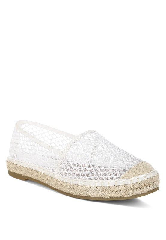 Women’s mesh espadrille slip-on shoes with natural jute sole and canvas toe cap, shown in ivory white.