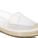 Women’s mesh espadrille slip-on shoes with natural jute sole and canvas toe cap, shown in ivory white.