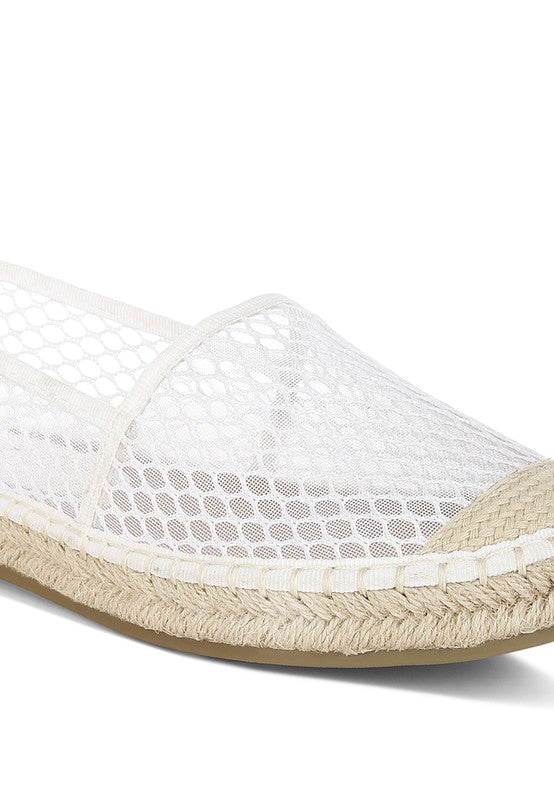 Women’s mesh espadrille slip-on shoes with natural jute sole and canvas toe cap, shown in ivory white.