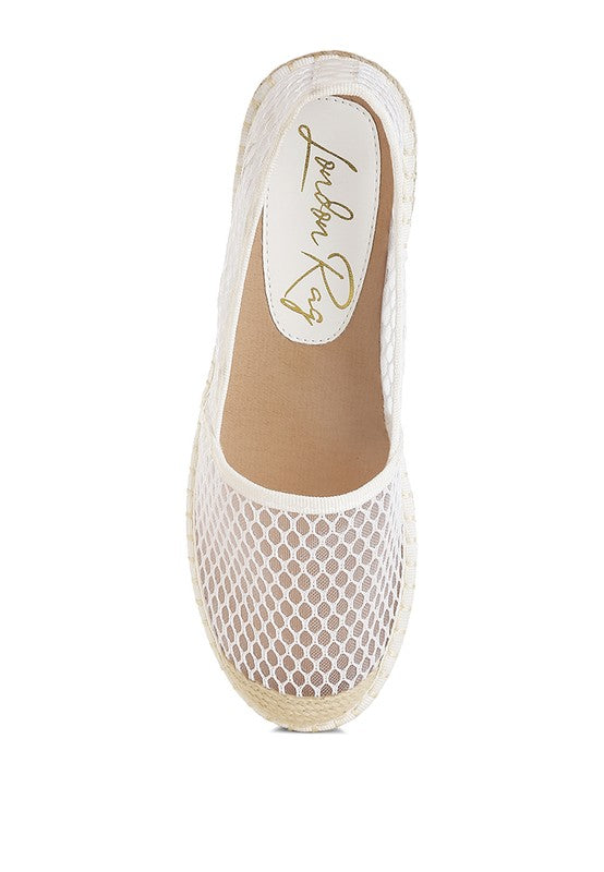 Women’s mesh espadrille slip-on shoes with natural jute sole and canvas toe cap, shown in ivory white.