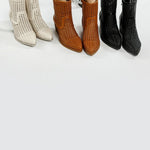 Tri-color collection of women’s woven faux-leather ankle boots with pointed toe and block heel—shown in black, cream, and tan shades.