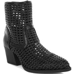 Tri-color collection of women’s woven faux-leather ankle boots with pointed toe and block heel—shown in black, cream, and tan shades.