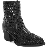 Tri-color collection of women’s woven faux-leather ankle boots with pointed toe and block heel—shown in black, cream, and tan shades.