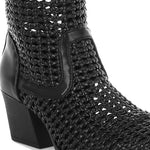 Tri-color collection of women’s woven faux-leather ankle boots with pointed toe and block heel—shown in black, cream, and tan shades.