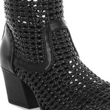 Tri-color collection of women’s woven faux-leather ankle boots with pointed toe and block heel—shown in black, cream, and tan shades.