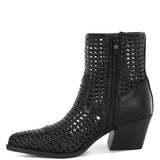 Tri-color collection of women’s woven faux-leather ankle boots with pointed toe and block heel—shown in black, cream, and tan shades.