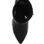 Tri-color collection of women’s woven faux-leather ankle boots with pointed toe and block heel—shown in black, cream, and tan shades.