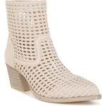 Tri-color collection of women’s woven faux-leather ankle boots with pointed toe and block heel—shown in black, cream, and tan shades.