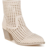 Tri-color collection of women’s woven faux-leather ankle boots with pointed toe and block heel—shown in black, cream, and tan shades.