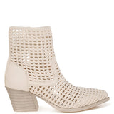 Tri-color collection of women’s woven faux-leather ankle boots with pointed toe and block heel—shown in black, cream, and tan shades.