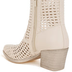 Tri-color collection of women’s woven faux-leather ankle boots with pointed toe and block heel—shown in black, cream, and tan shades.