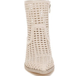 Tri-color collection of women’s woven faux-leather ankle boots with pointed toe and block heel—shown in black, cream, and tan shades.