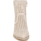 Tri-color collection of women’s woven faux-leather ankle boots with pointed toe and block heel—shown in black, cream, and tan shades.