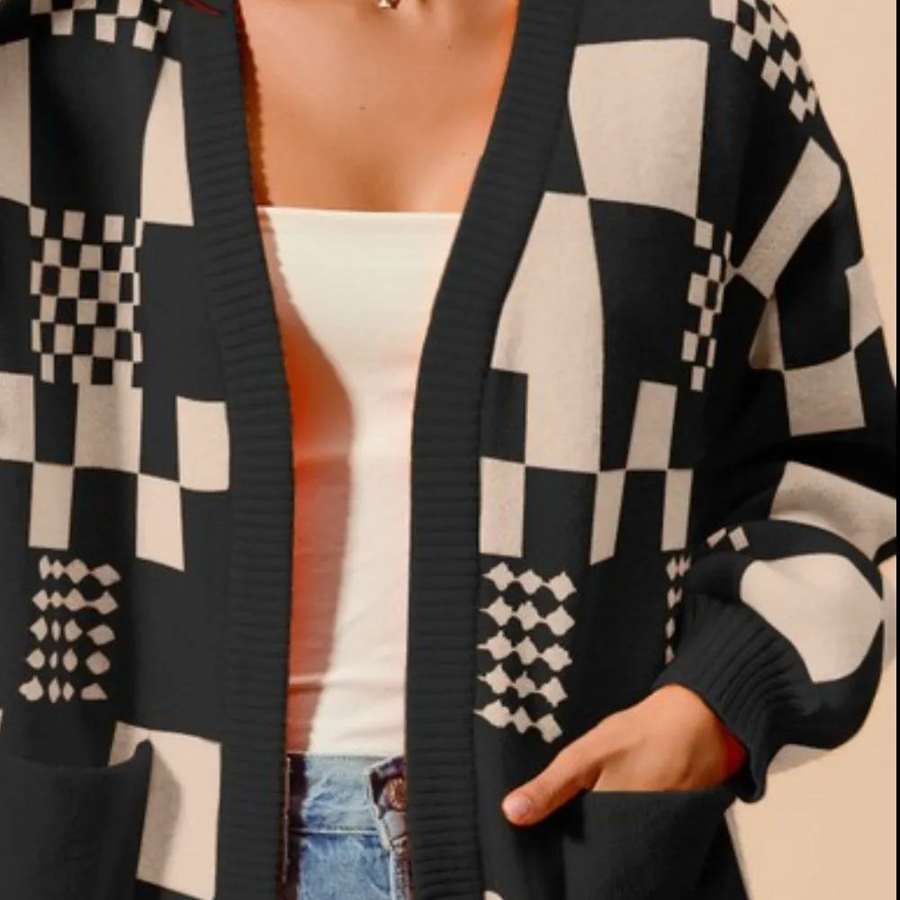 Women's black and cream checkerboard patchwork knit cardigan with open front and front pockets – cozy geometric print sweater for layering.