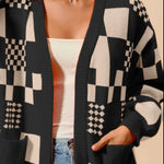 Women's black and cream checkerboard patchwork knit cardigan with open front and front pockets – cozy geometric print sweater for layering.