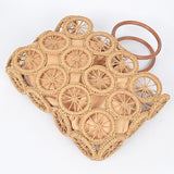 Natural raffia circle-grid handbag featuring wooden round handles and beige drawstring lining.