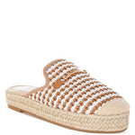 Women’s woven raffia mule espadrille with gold horse-bit hardware and jute platform, shown in black-ivory and tan-white color options.