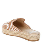 Women’s woven raffia mule espadrille with gold horse-bit hardware and jute platform, shown in black-ivory and tan-white color options.