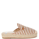 Women’s woven raffia mule espadrille with gold horse-bit hardware and jute platform, shown in black-ivory and tan-white color options.