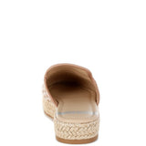 Women’s woven raffia mule espadrille with gold horse-bit hardware and jute platform, shown in black-ivory and tan-white color options.