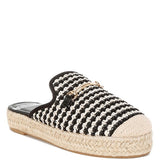 Women’s woven raffia mule espadrille with gold horse-bit hardware and jute platform, shown in black-ivory and tan-white color options.