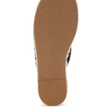 Women’s woven raffia mule espadrille with gold horse-bit hardware and jute platform, shown in black-ivory and tan-white color options.