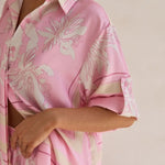 Coastal Bloom pink floral lounge set for women – soft two-piece pajama outfit with button-up top and wide-leg pants, perfect for spring and summer loungewear or resort wear