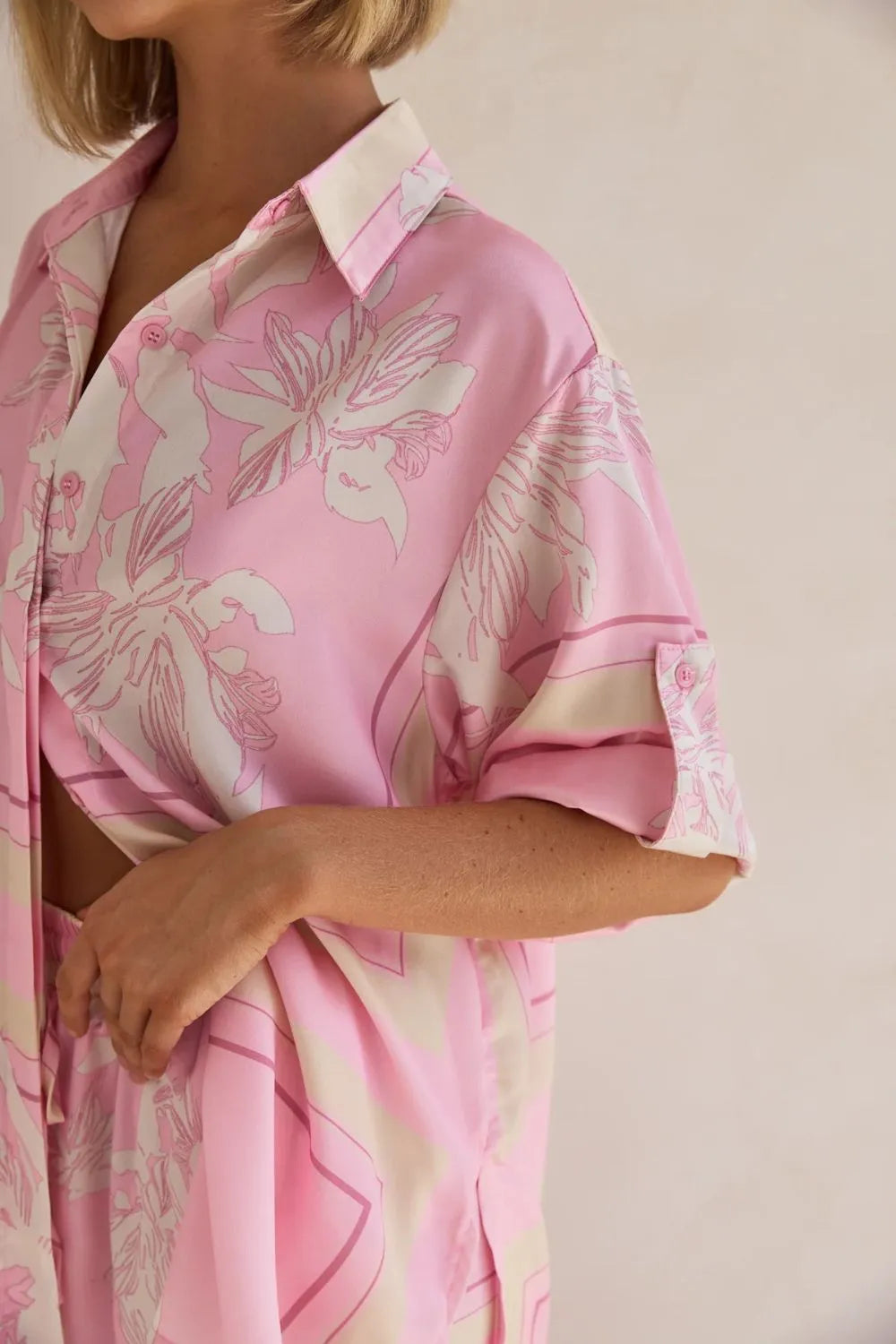 Coastal Bloom pink floral lounge set for women – soft two-piece pajama outfit with button-up top and wide-leg pants, perfect for spring and summer loungewear or resort wear