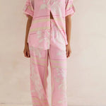 Coastal Bloom pink floral lounge set for women – soft two-piece pajama outfit with button-up top and wide-leg pants, perfect for spring and summer loungewear or resort wear
