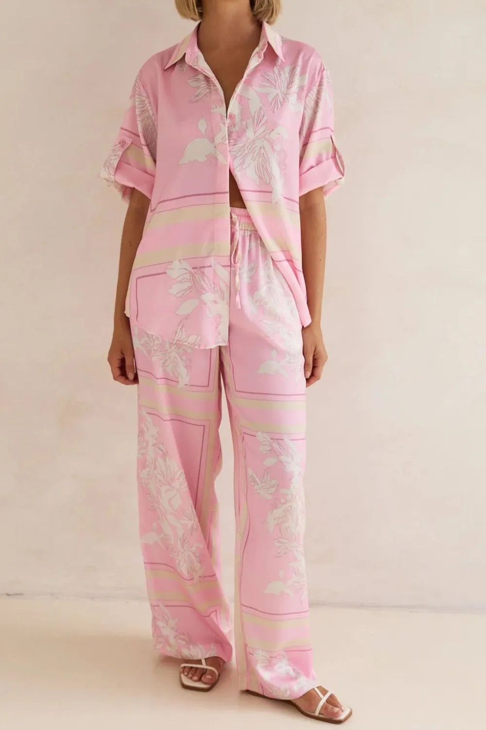 Coastal Bloom pink floral lounge set for women – soft two-piece pajama outfit with button-up top and wide-leg pants, perfect for spring and summer loungewear or resort wear