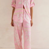 Coastal Bloom pink floral lounge set for women – soft two-piece pajama outfit with button-up top and wide-leg pants, perfect for spring and summer loungewear or resort wear