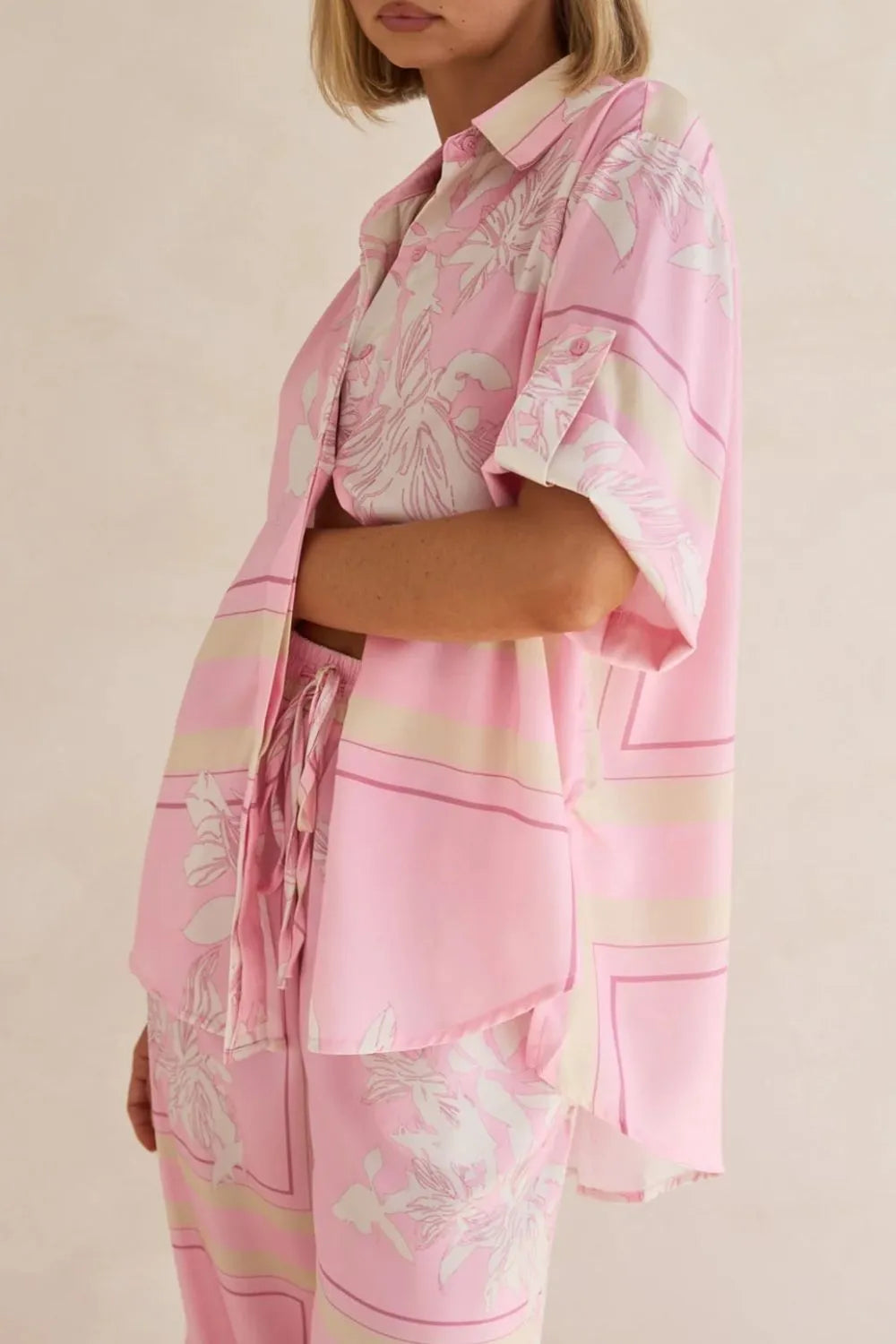 Coastal Bloom pink floral lounge set for women – soft two-piece pajama outfit with button-up top and wide-leg pants, perfect for spring and summer loungewear or resort wear