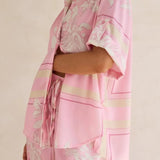 Coastal Bloom pink floral lounge set for women – soft two-piece pajama outfit with button-up top and wide-leg pants, perfect for spring and summer loungewear or resort wear