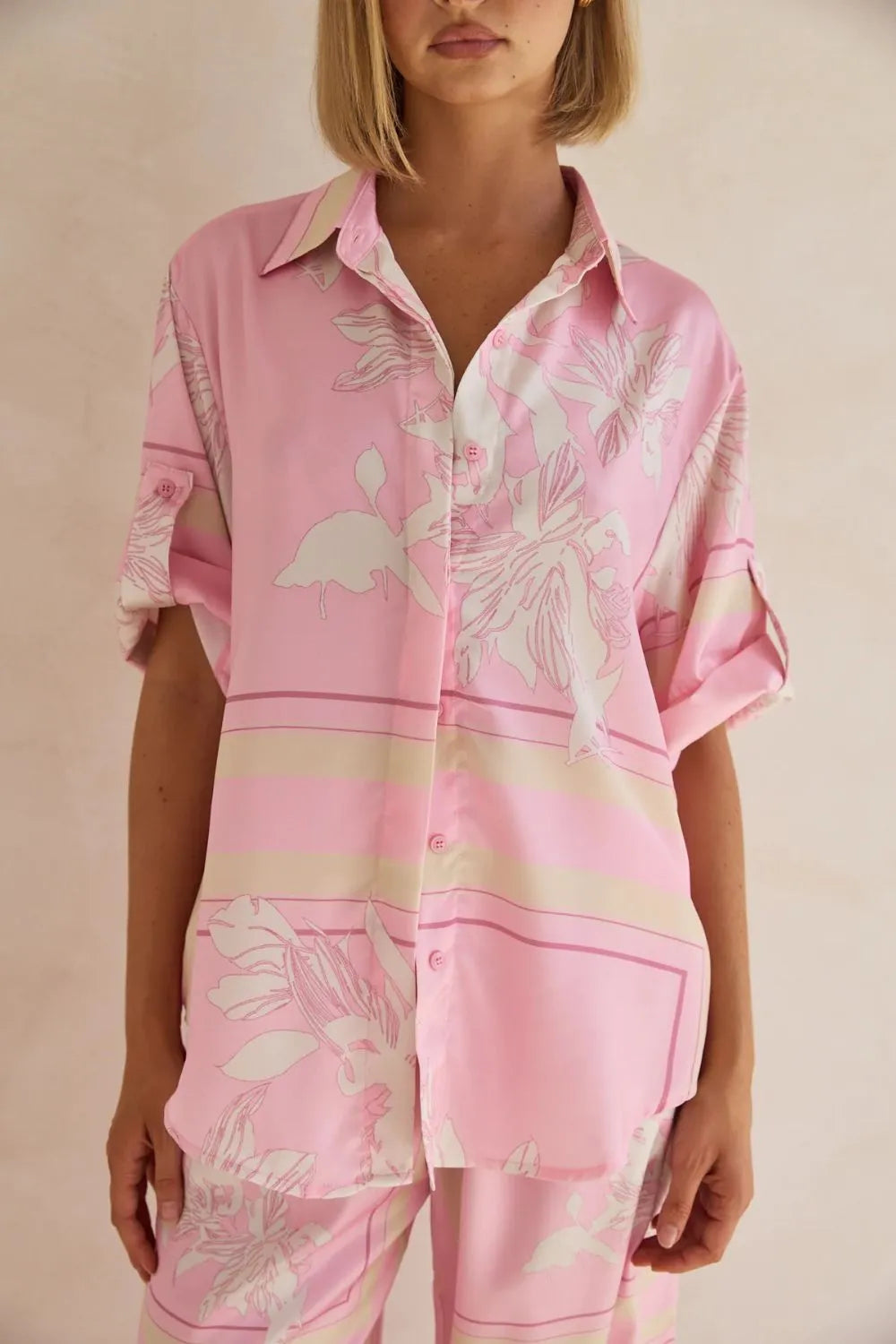 Coastal Bloom pink floral lounge set for women – soft two-piece pajama outfit with button-up top and wide-leg pants, perfect for spring and summer loungewear or resort wear
