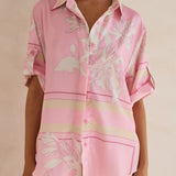 Coastal Bloom pink floral lounge set for women – soft two-piece pajama outfit with button-up top and wide-leg pants, perfect for spring and summer loungewear or resort wear