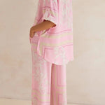 Coastal Bloom pink floral lounge set for women – soft two-piece pajama outfit with button-up top and wide-leg pants, perfect for spring and summer loungewear or resort wear