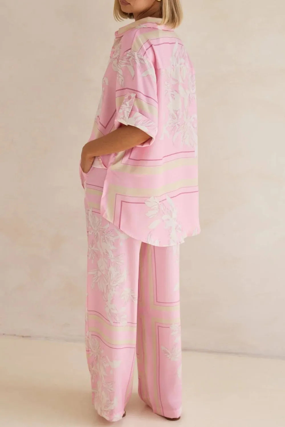 Coastal Bloom pink floral lounge set for women – soft two-piece pajama outfit with button-up top and wide-leg pants, perfect for spring and summer loungewear or resort wear