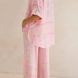 Coastal Bloom pink floral lounge set for women – soft two-piece pajama outfit with button-up top and wide-leg pants, perfect for spring and summer loungewear or resort wear