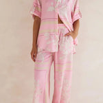 Coastal Bloom pink floral lounge set for women – soft two-piece pajama outfit with button-up top and wide-leg pants, perfect for spring and summer loungewear or resort wear
